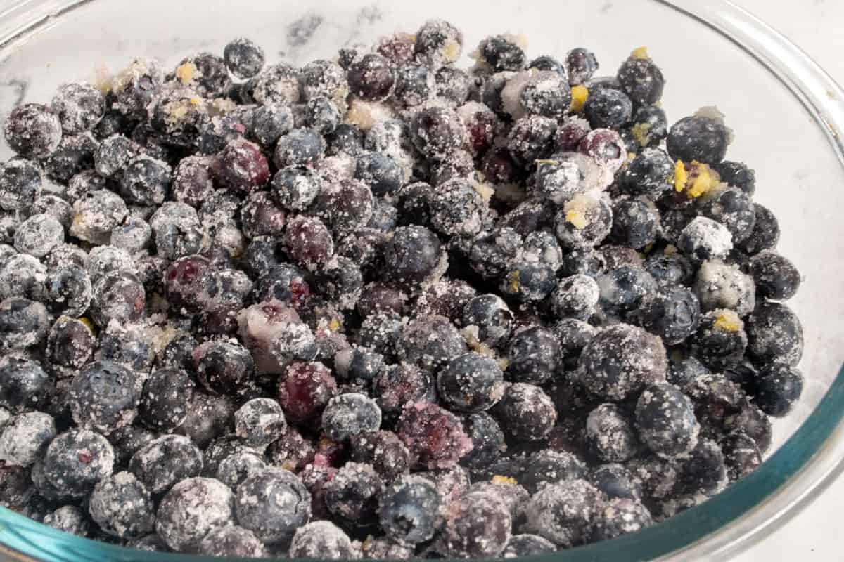 The blueberry mixture combined inside an ovenproof dish.