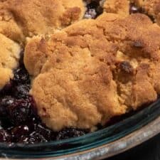 A bubbling vegan blueberry cobbler in an oven proof dish. The biscuit batter on top is golden brown.