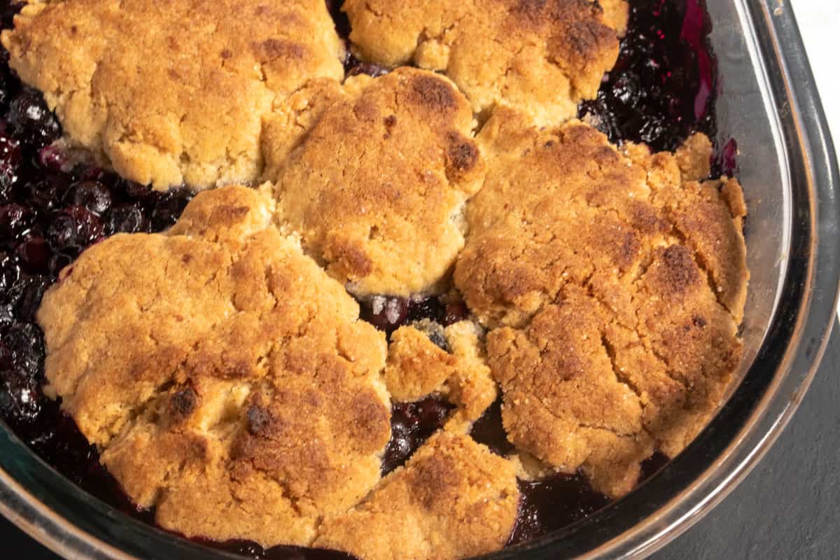 The topping is golden brown after being in the oven. It is ready to be served. 