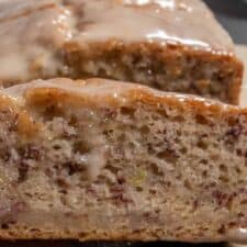 A zoomed in image of vegan peanut butter banana cake. The texture looks airy and light.