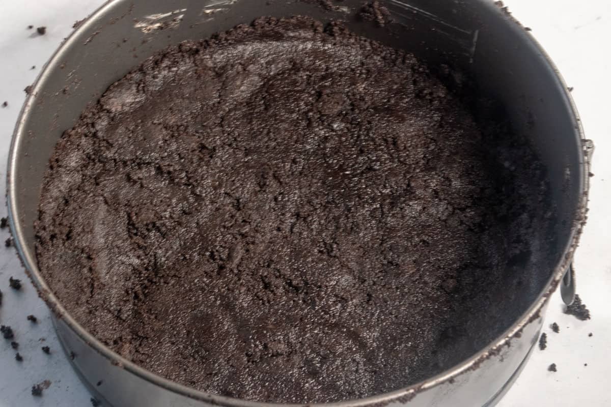 The crust ingredients have been pressed into the bottom of the springform cake tin.