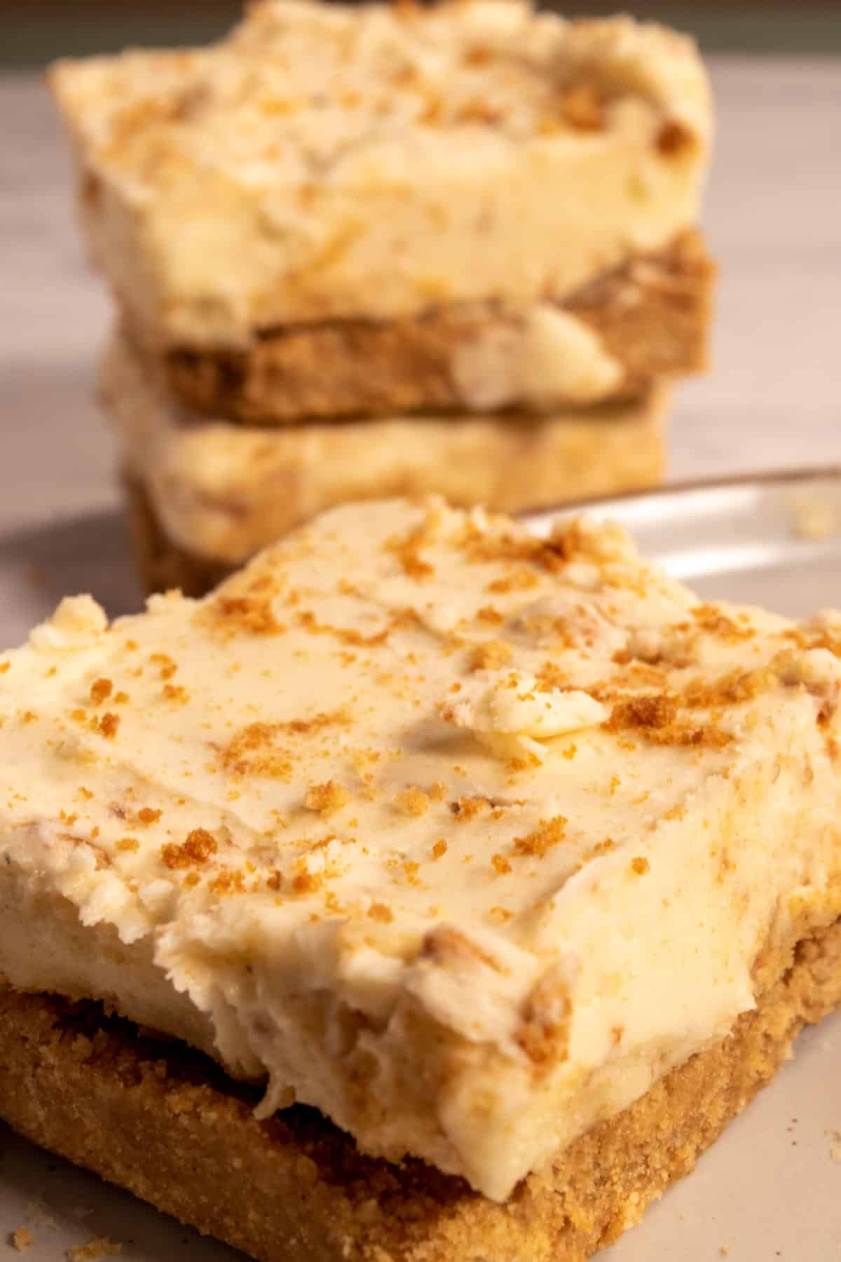A close up shot of my cookie butter bars sandwiched together. There are more bars in the background. 