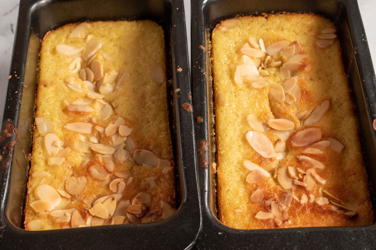 Two baked cakes cooling down inside the cake pans. 