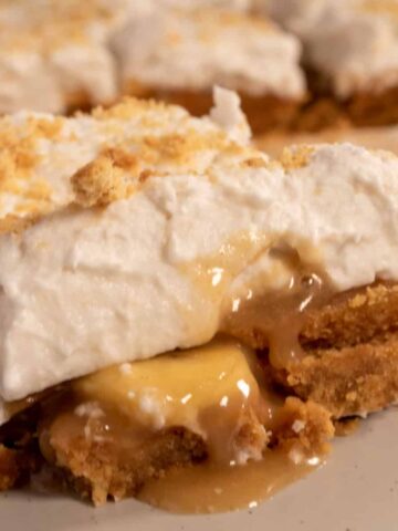 One of my vegan banoffee bars which is dripping with caramel and bananas. It's creamy and like a mini banoffee pie.