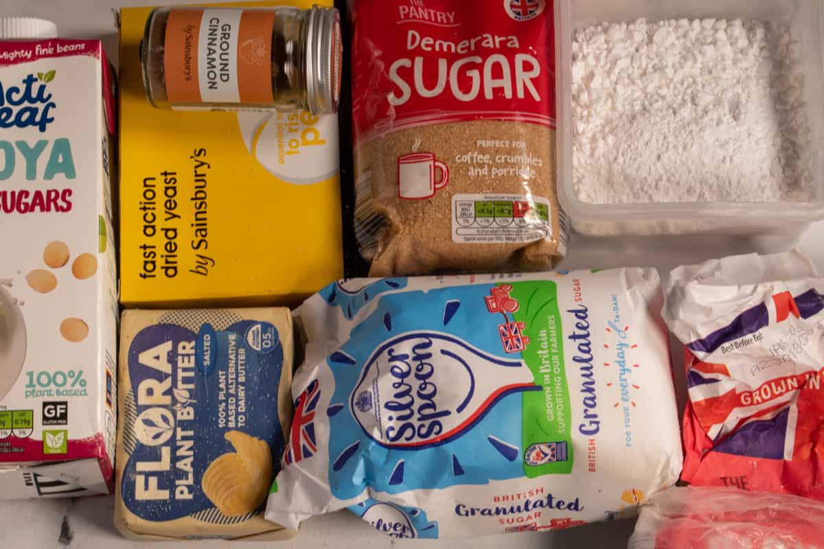 An image showing the recipe ingredients that you will need to make my vegan cinnamon rolls. 