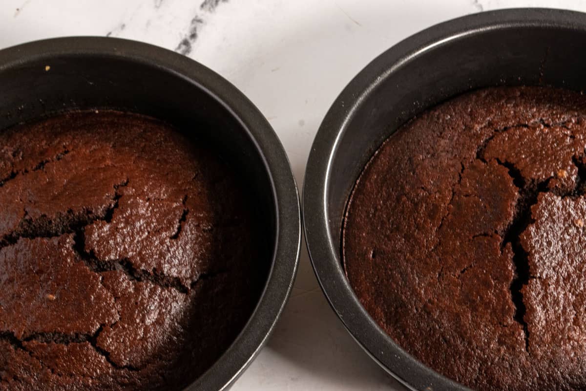 Two baked chocolate cake halves cooling inside their tins.