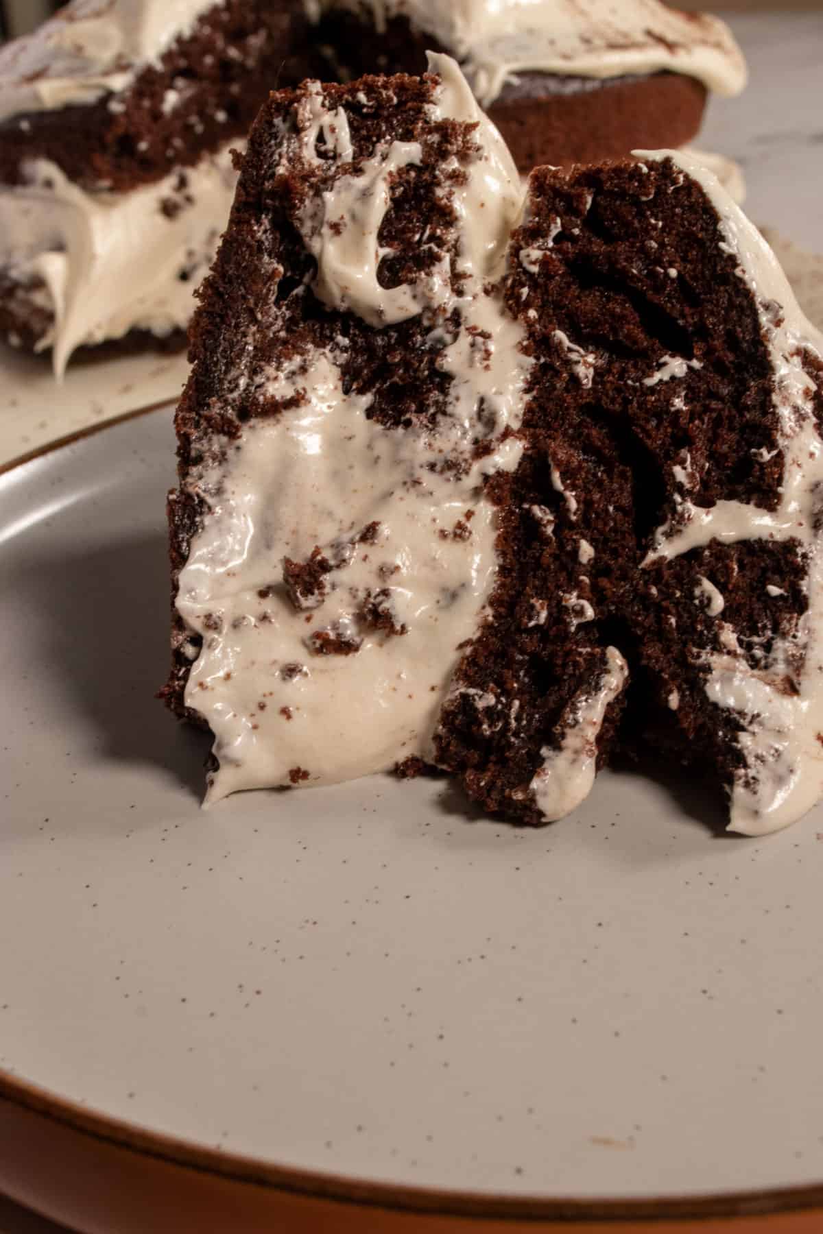 A large slice of my chocolate tiramisu cake. The rest of the cake sits in the background.