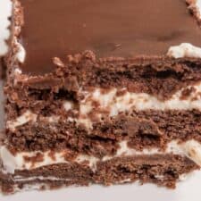 A super creamy, chocolatey slice of Argentinian chocotorta on a white plate.