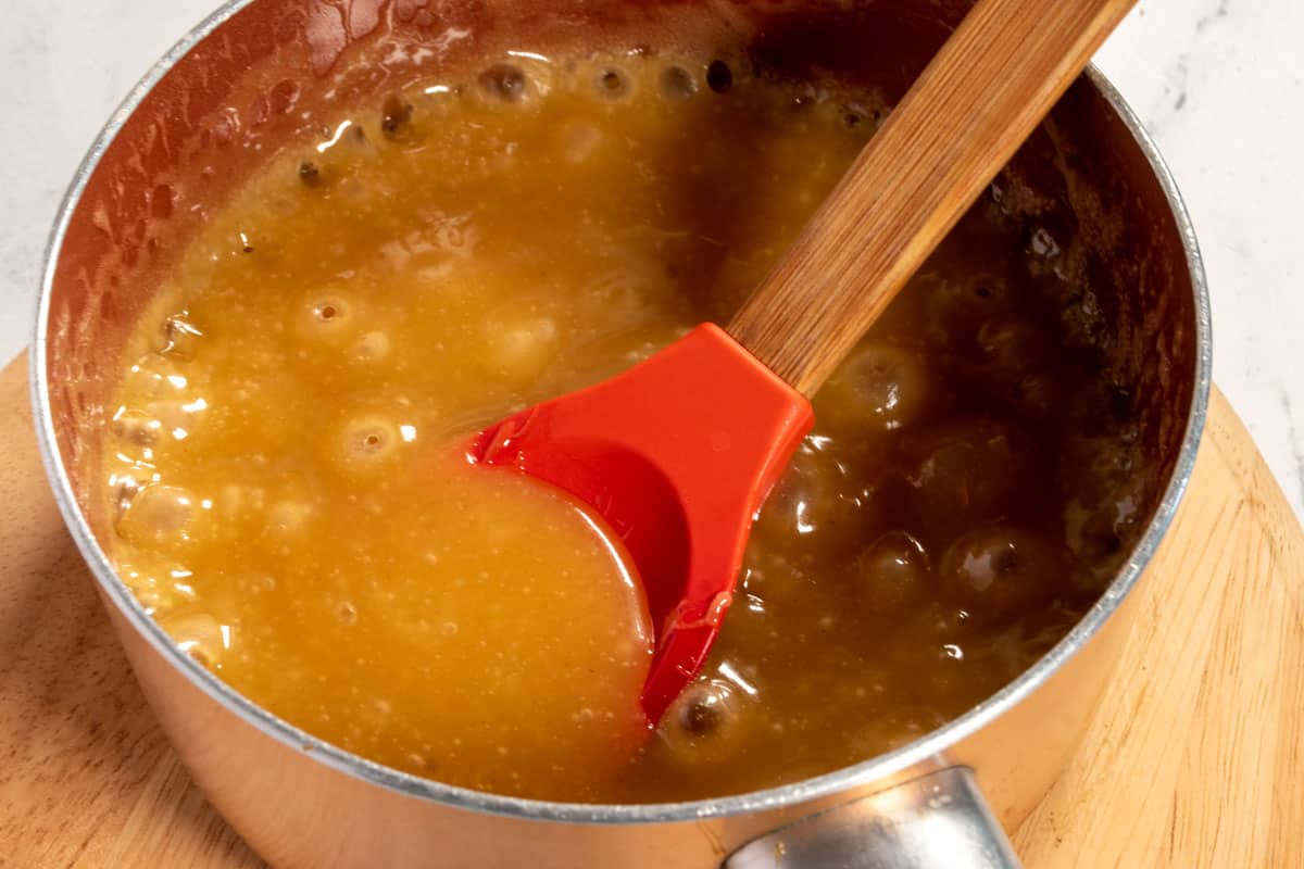 The caramel has been made and is bubbling whilst it cools down. 