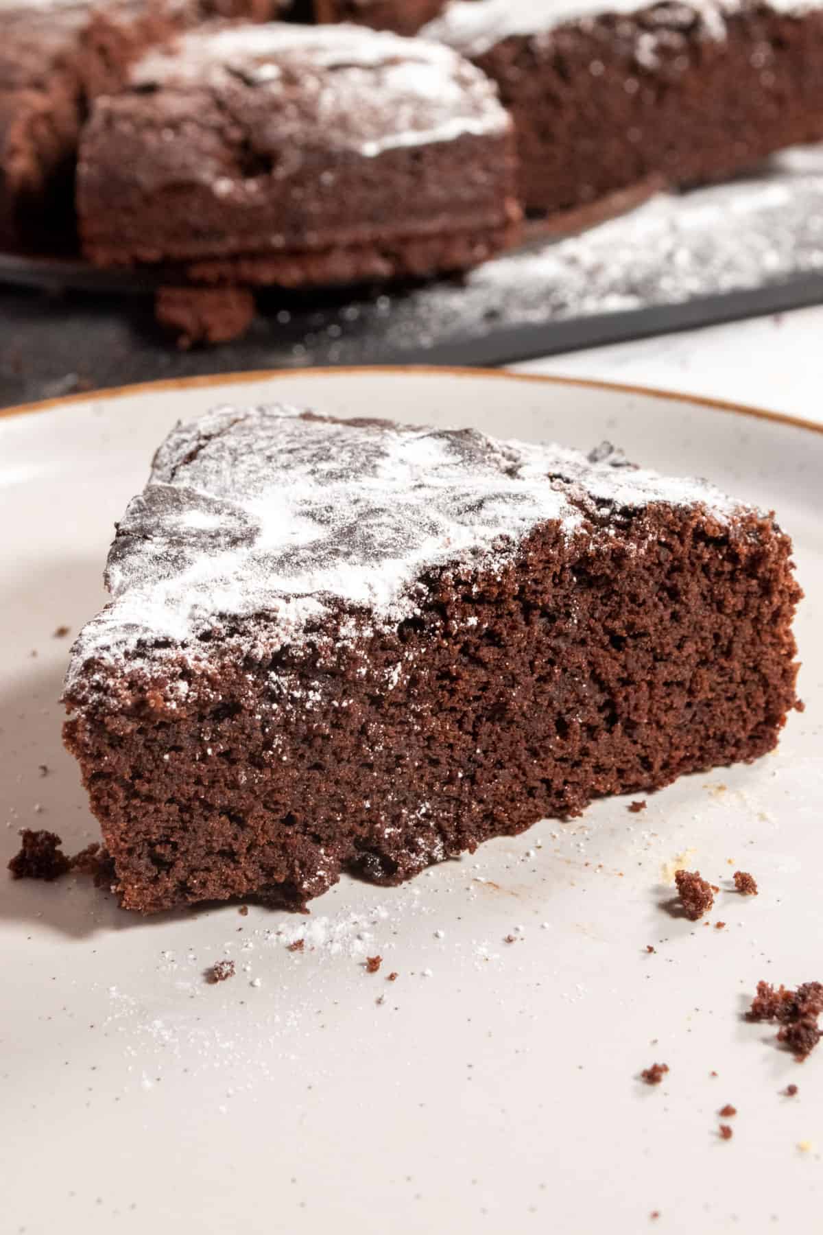 A large piece of chocolate cake in the centre of a brown-rimmed plate. It is dusted with powdered sugar and the rest of the cake sits on a slate platter in the background.