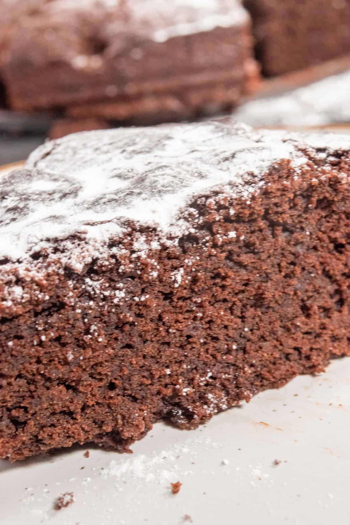 A zoomed in shot of my vegan chocolate mud cake, really focusing on the soft crumb of the cake. 