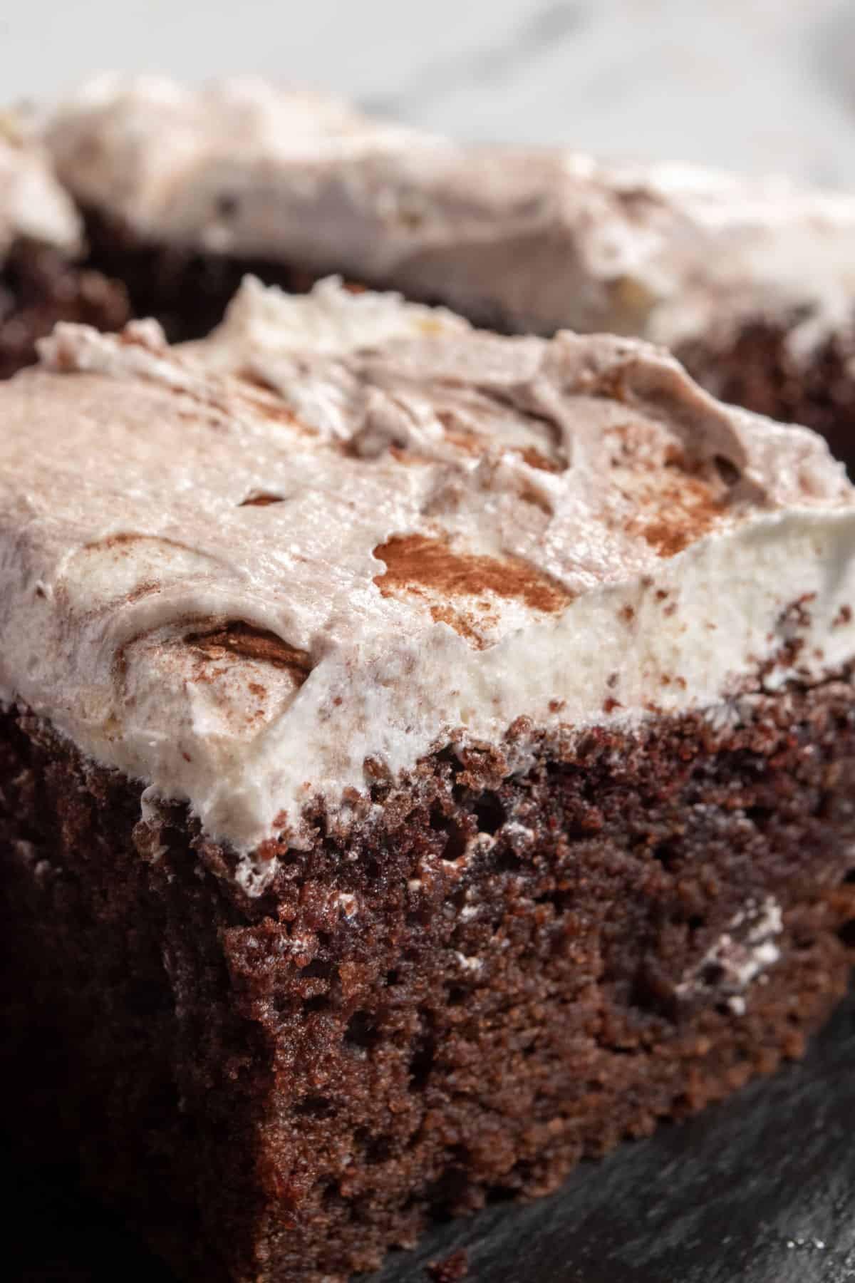 A large and very moist slice of vegan mascarpone chocolate cake on a slate serving platter.