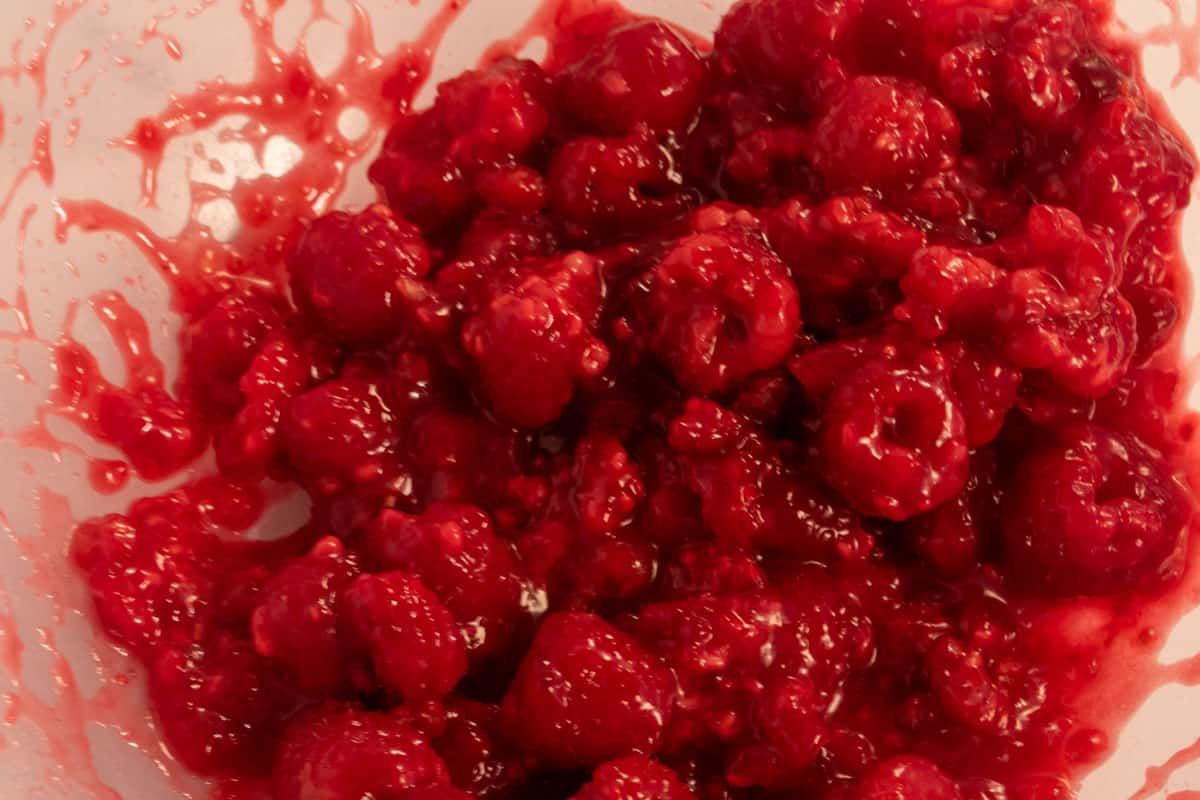 The remaining filling ingredients have been added to the bowl, including the raspberries. 