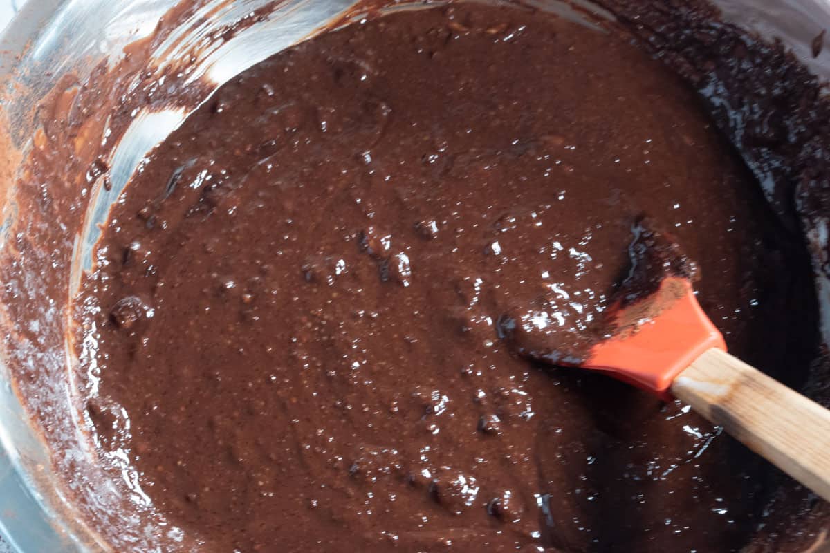 The batter has been darkened, the remaining ingredients have been mixed in. 