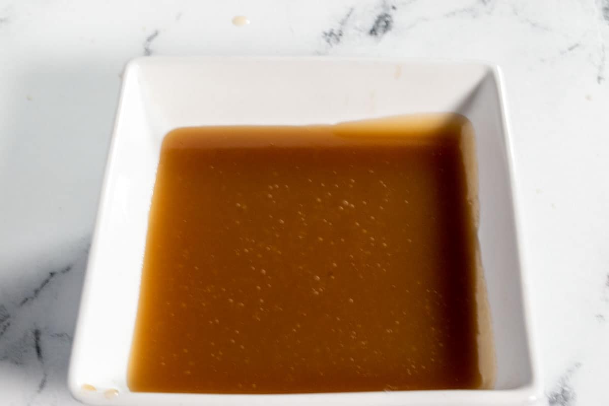 The caramel is in a smaller, square bowl and is even thicker now after being chilled. 
