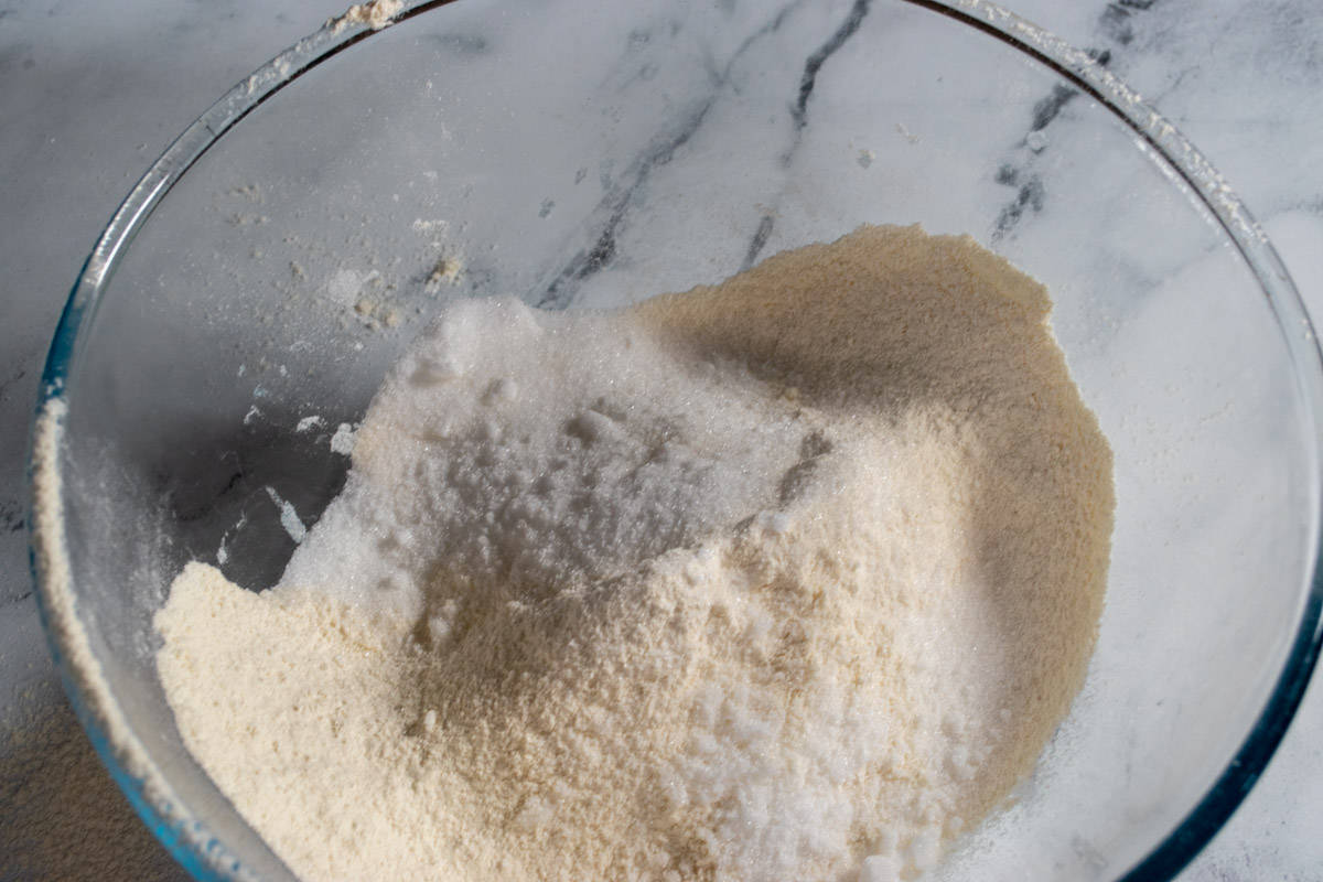 The dry ingredients in a bowl, waiting to be mixed. 