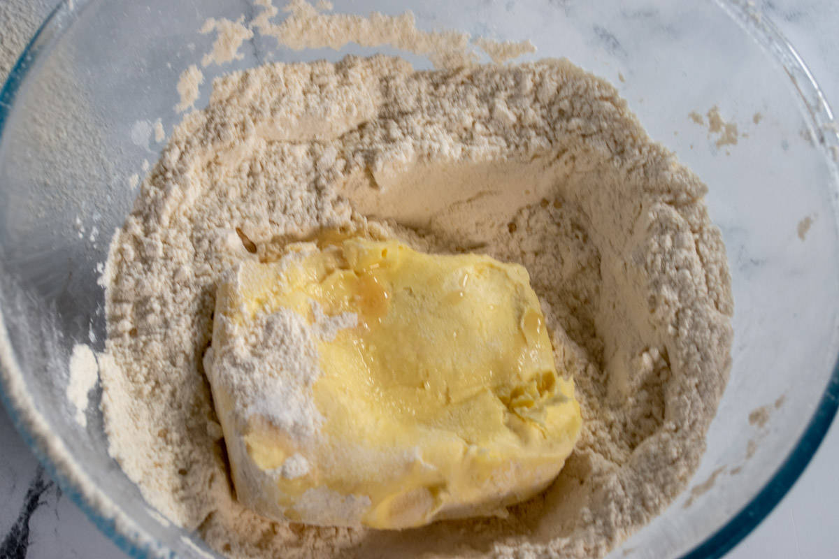 The vegan butter block has been added to the fudge stripe cookies mixture. 