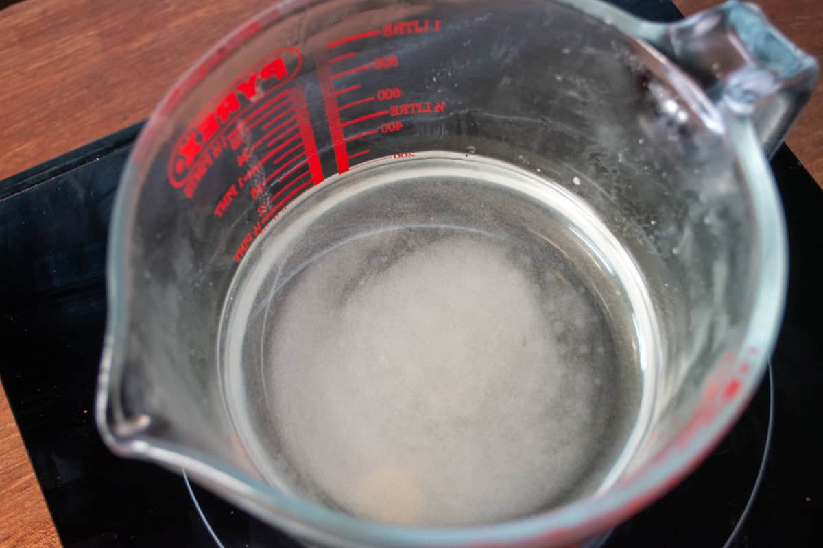 The sugar water cooling inside a pyrex jug. 
