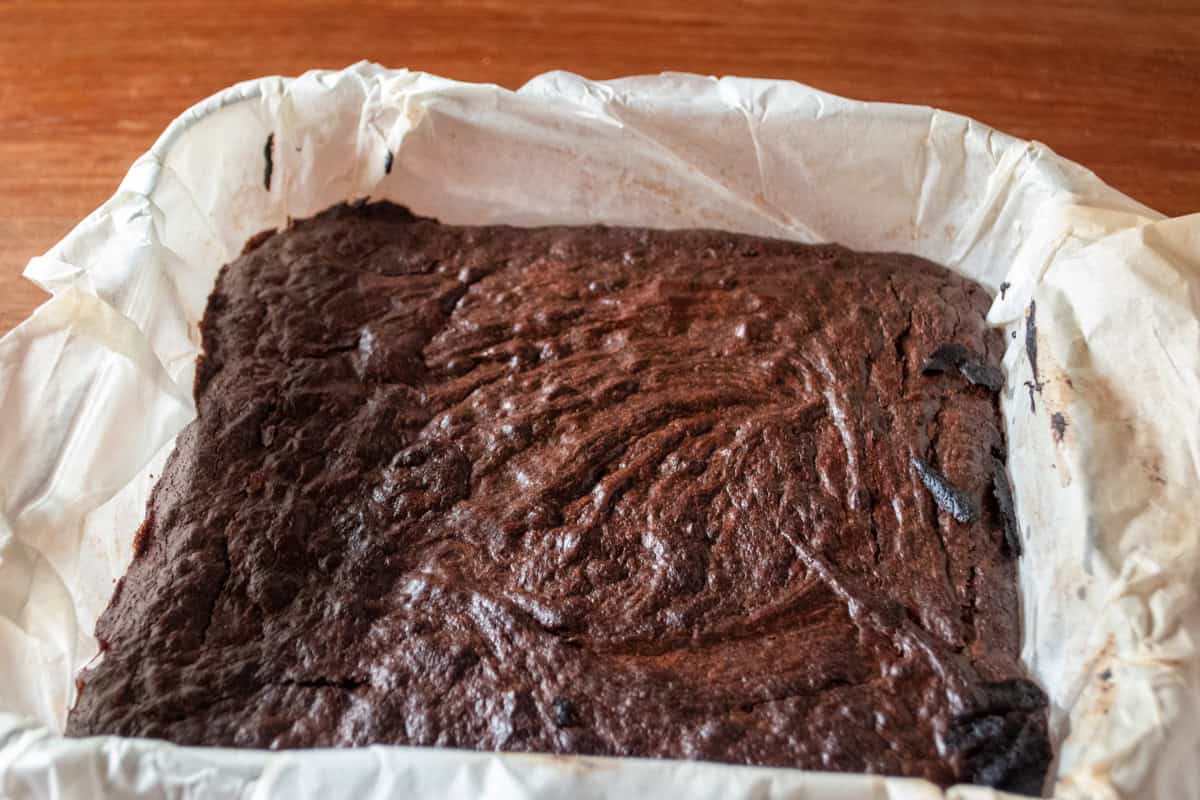 The double fudge brownies have now been baked and they are cooling inside the tin. 
