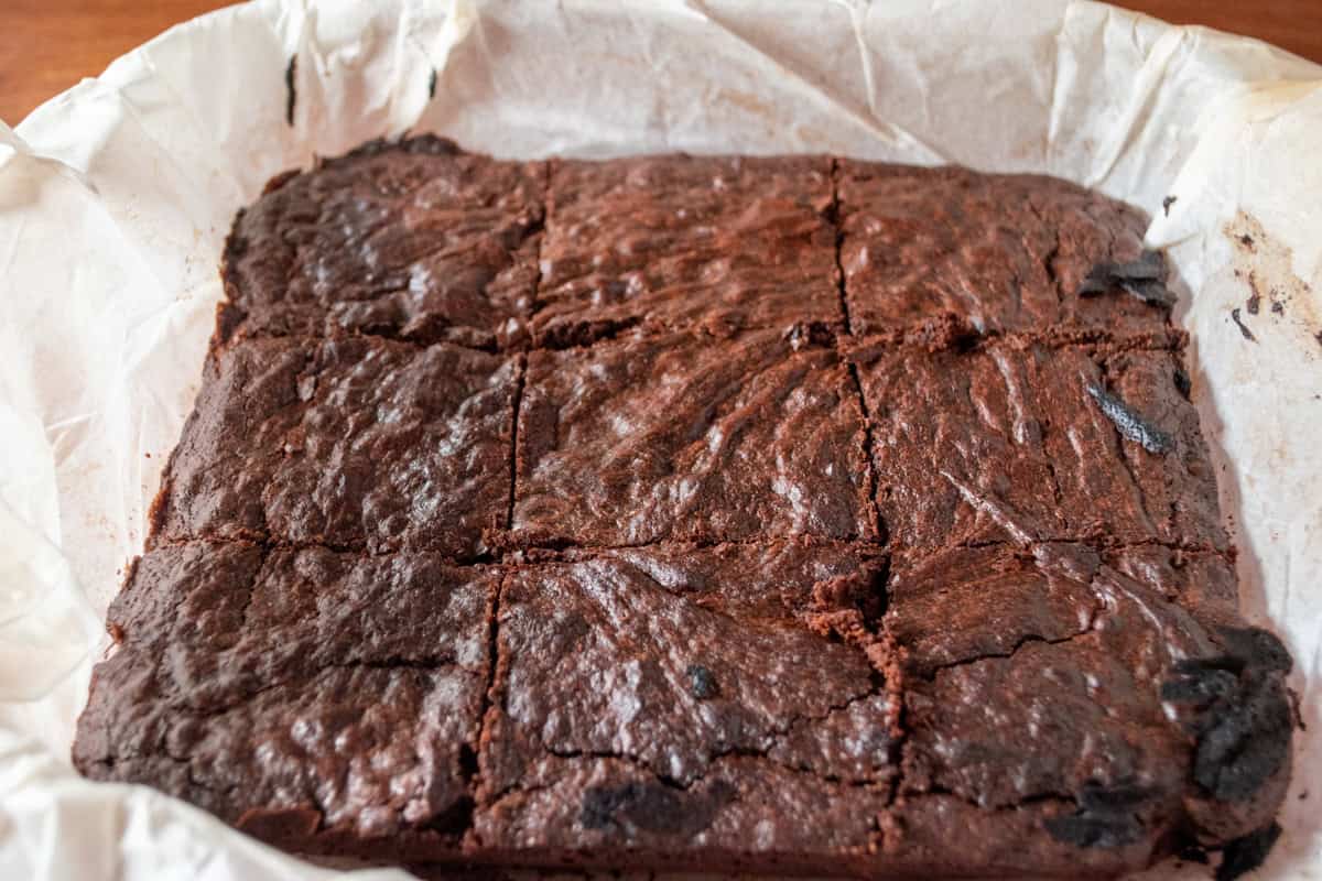 The double fudge brownies are still inside the tin and have now been sliced. 